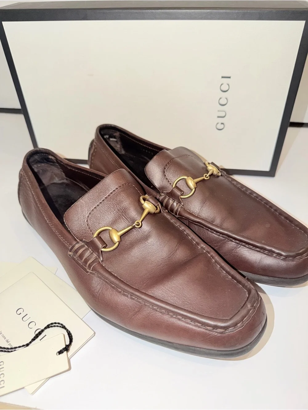 In Box Gucci Brown Leather Horsebit Slip-On Loafers, Sz 11 1/2